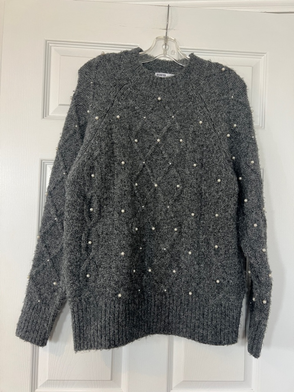 Embellished Dark Gray Crewneck Sweater with Pearls